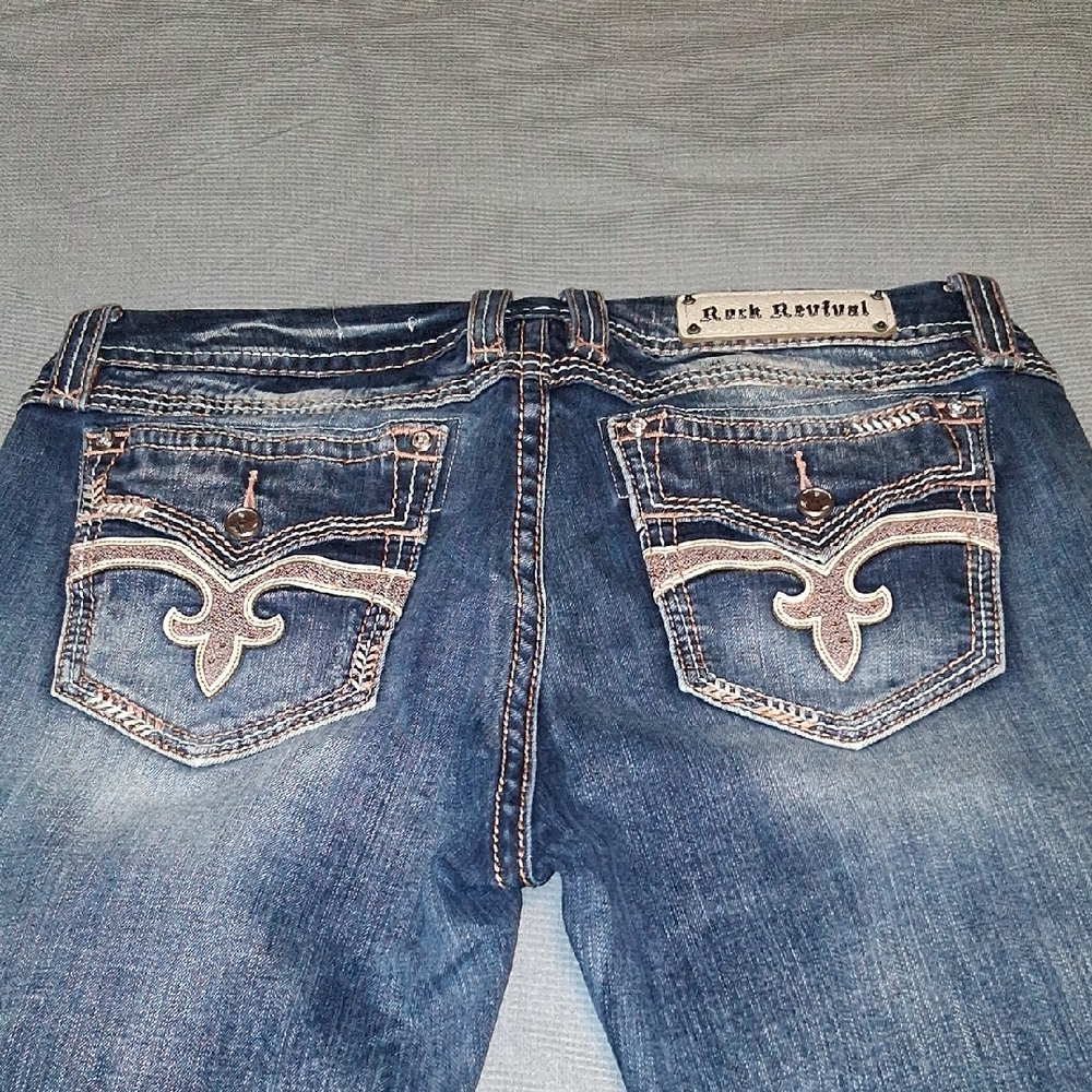 Rock Revival Blue Jeans with Tan Embroidery